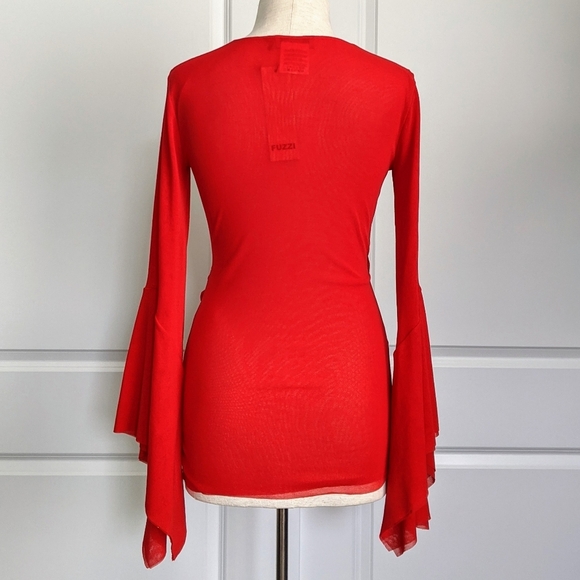 FUZZI Wrap Front V-Neckline Fine Mesh Knit Long Butterfly Bell Sleeves Red L NWT - Picture 7 of 16